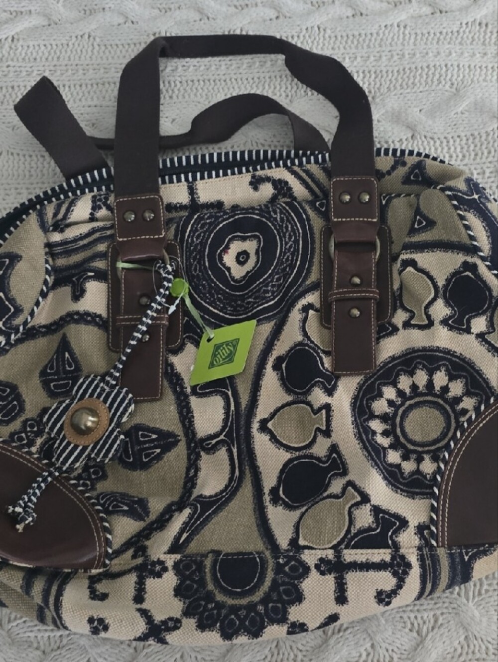 NWT Oilily Navy and Cream Patterned Canvas Tote with Brown Lether Trim